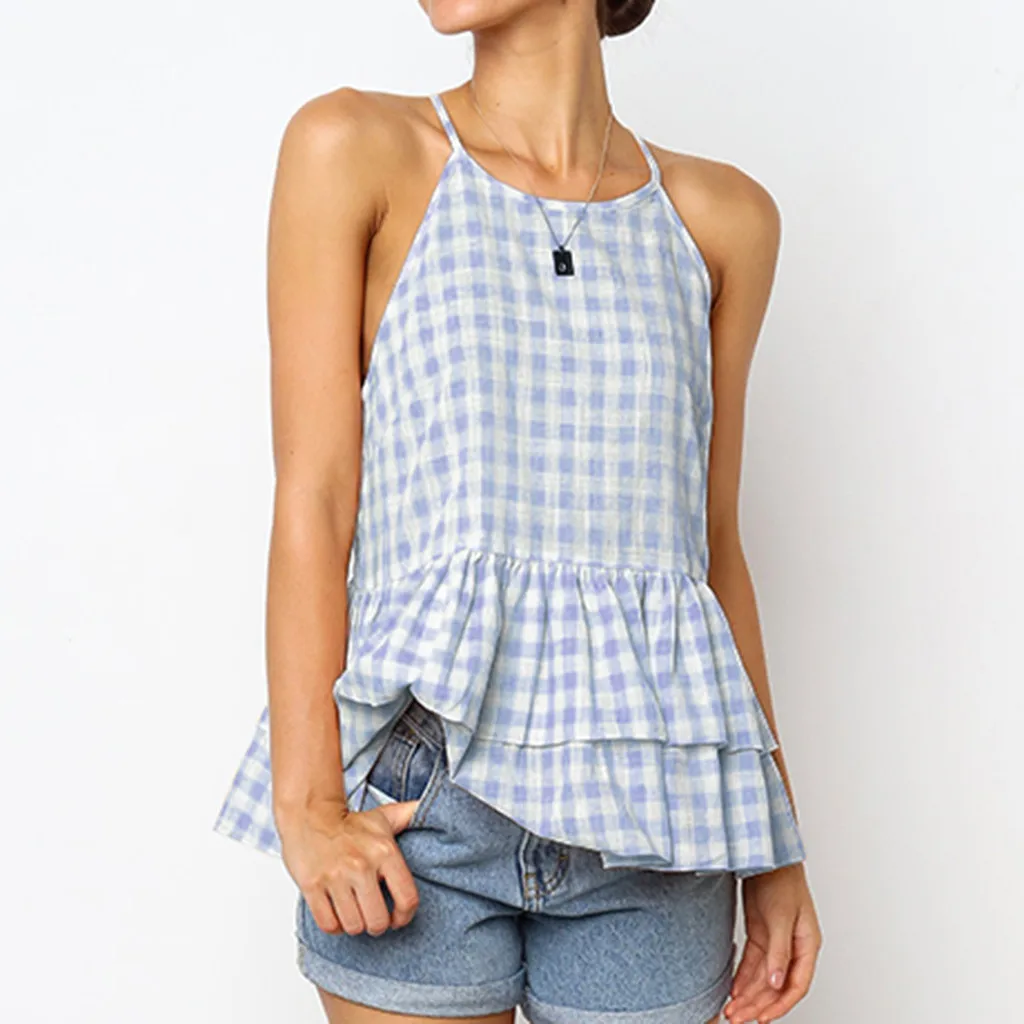 Sexy Tops Women Casual Plaid Ruffles Short Sleeveless Tank Top T Shirt Vest Blouse Camisole Clothing Summer Beach |