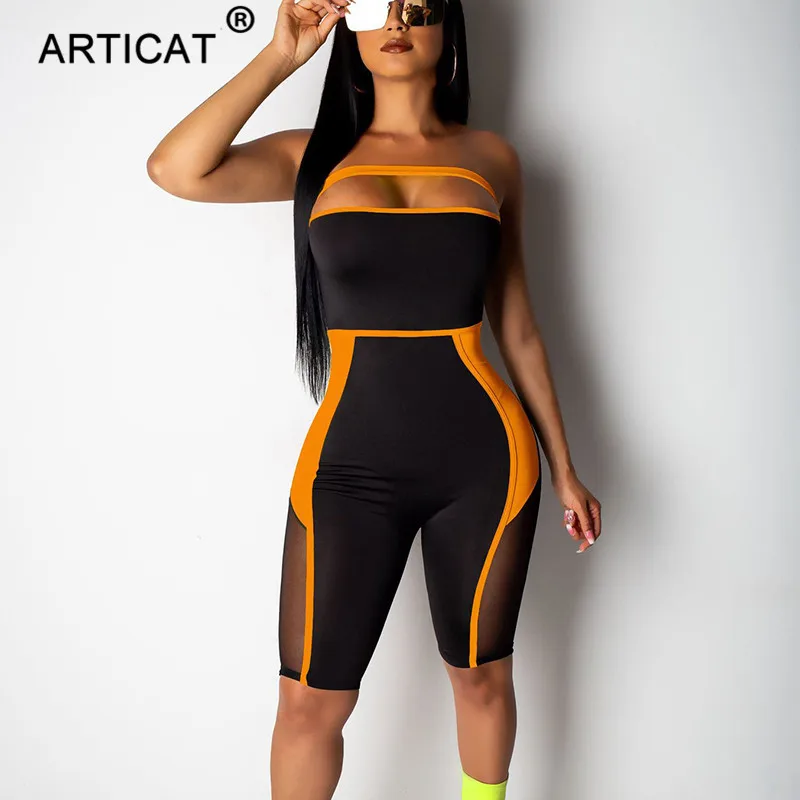 Оранжевый Articat сетки лоскутное без бретелек Bodycon комбинезон для женщин с открытыми плечами прозрачные летние женские комбинезоны с открытой спиной костюм для вечеринки - Цвет: Оранжевый