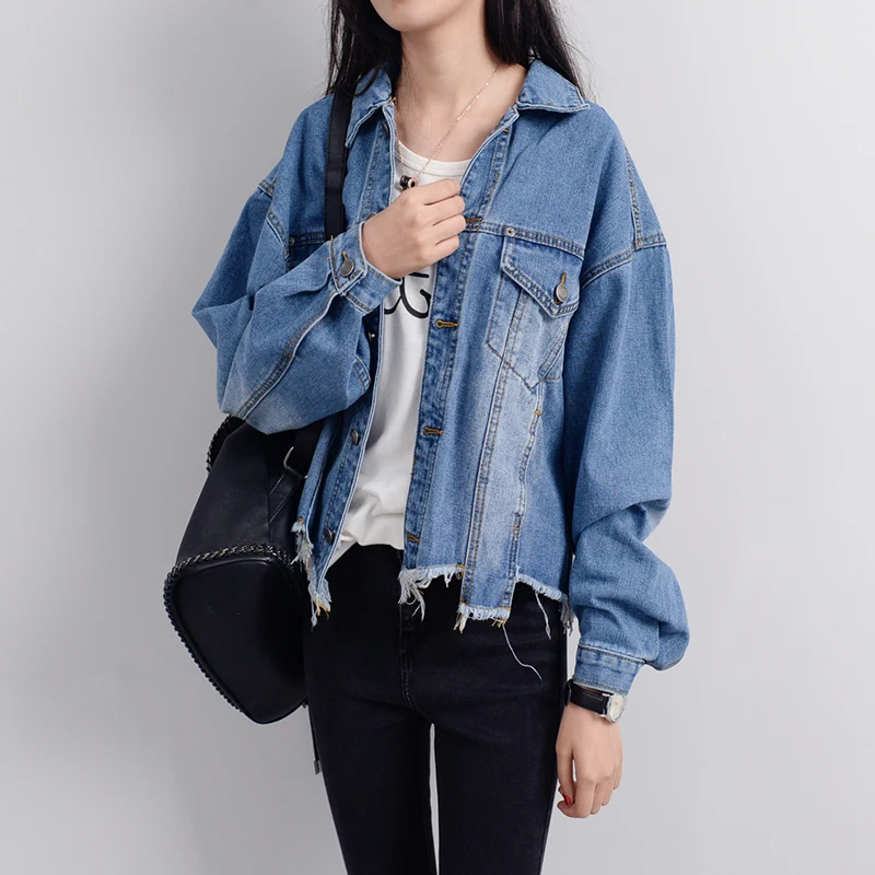 Vetevidi Autumn winter new bite tassel hem loose bat sleeve denim jacket female 6985# | Женская одежда