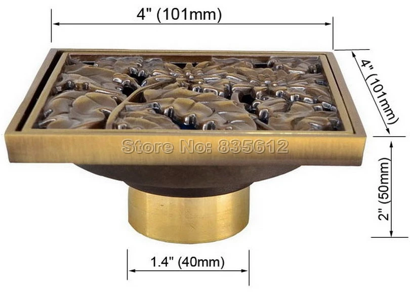 

Antique Brass Art Carved Flower Square Floor Drain Bathroom Shower Drain Whr014