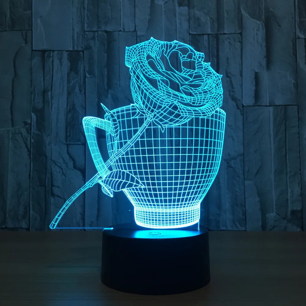 Модная цветная роза с чашкой Модель 3D ночники USB мощность атмосфера подарок для