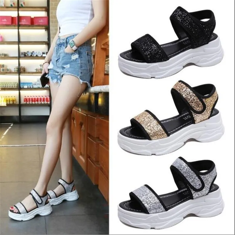 

New summer thick-soled sequins women's sandals comfortable flat beach sandals simple fashion wild women's sandals