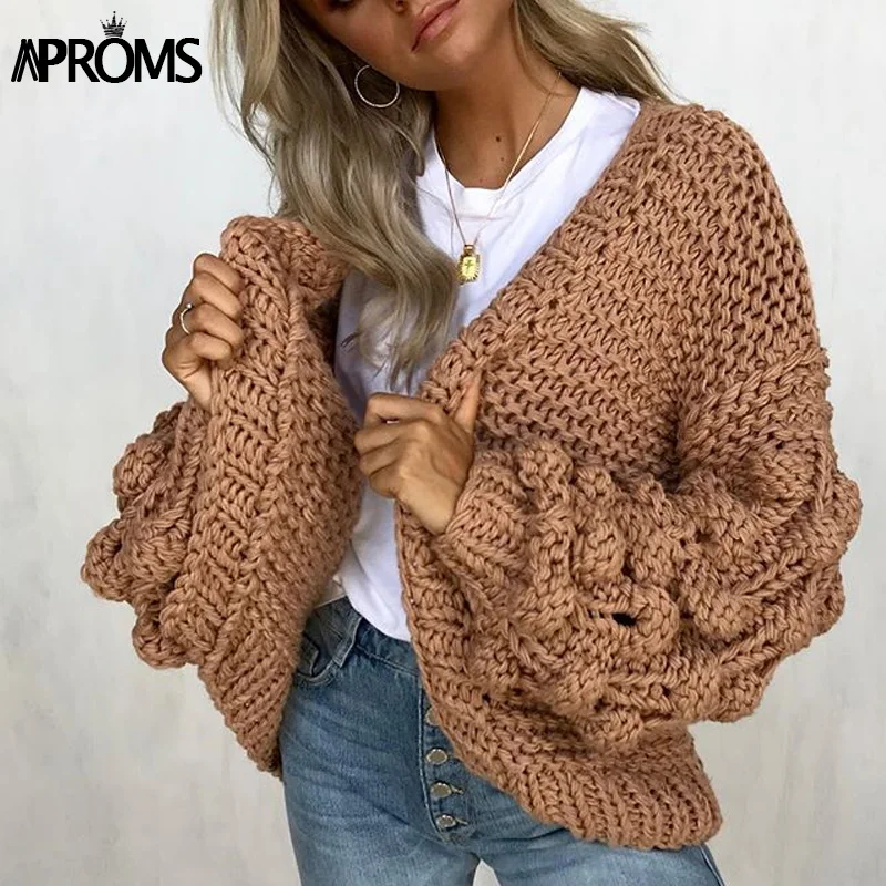 Aproms, женские кардиганы с помпонами, Зимний вязаный свитер ручной работы, осень, толстая вязаная Повседневная Верхняя одежда с рукавами-фонариками, теплые пальто