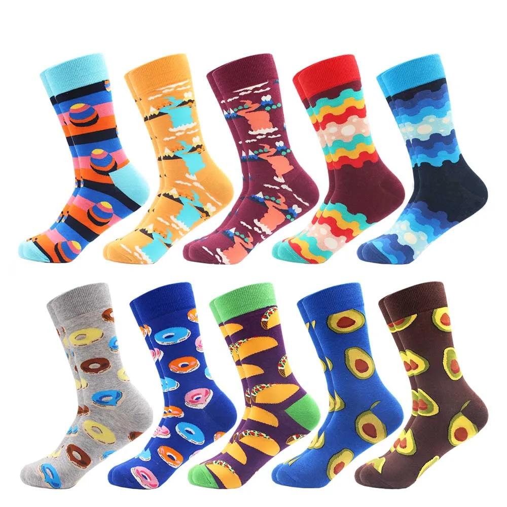 10 Pairs/lot Men's Colorful Striped Dot Combed Cotton Socks Funny Multi Set Dress Casual Crew Socks Happy Skateboard Socks