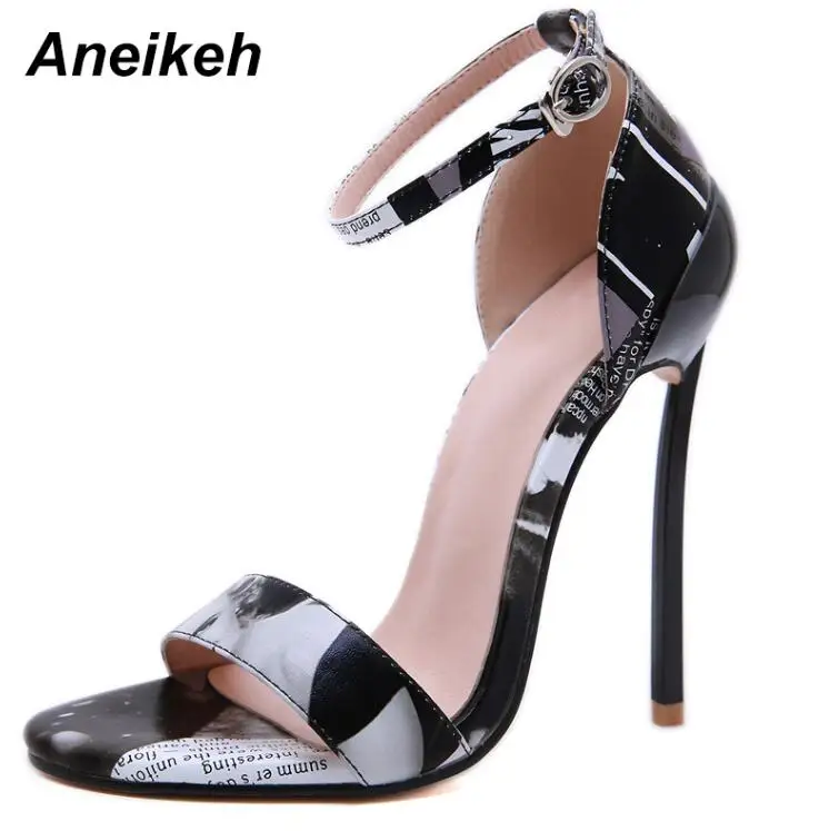 black Aneikeh/Модные женские Босоножки на каблуке из искусственной кожи; туфли-лодочки с открытым носком на шпильке в римском стиле с ремешком на лодыжке; модельные туфли на очень высоком каблуке; размер 42 - Цвет: black