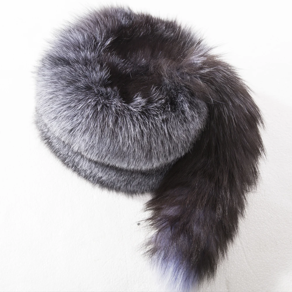 YECHNE Russian Mongolian Natural Silver Fox Fur Skullies Hat With Whole Fox Tail Winter Soft Beanies Hats