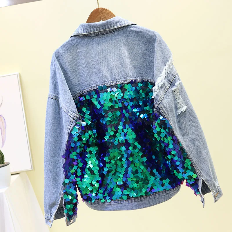 Spring Autumn 2019 New Sequins Holes Cowboy Short Jacket Loose Long-sleeved Studded Jackets Student Green Coat Women | Женская одежда
