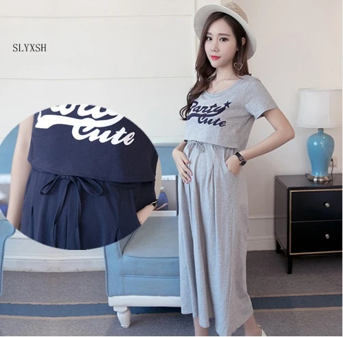 

Summer Cotton Maternity Breastfeeding Dress Loose Causal Letter Mother Nursing Feeding Dress Adjustable Waist Pregnant Women