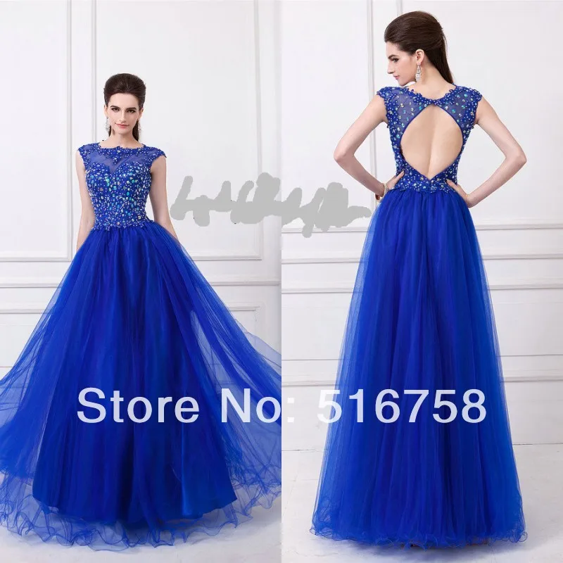 Elegant Open Back Multi-color Beaded Sheer Bodice Party Dresses Celebrity Royal Blue Prom Dress | Свадьбы и торжества