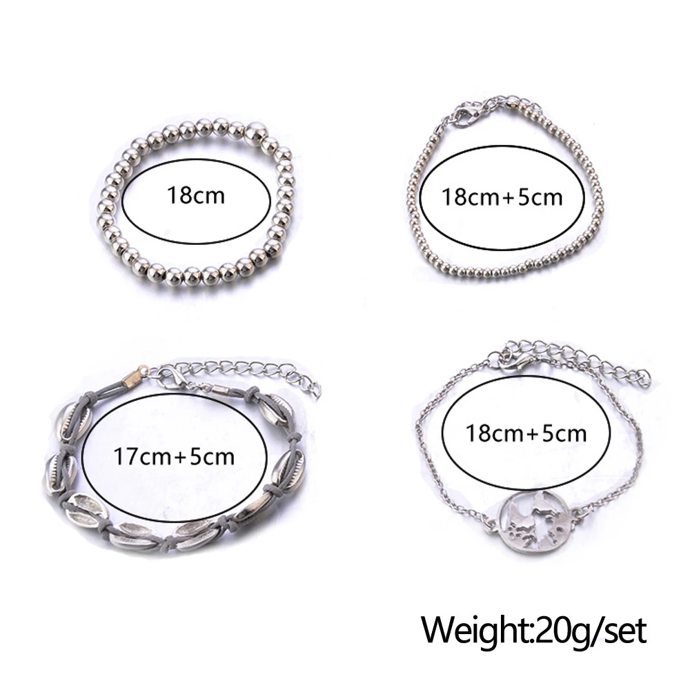 4 Pcs/Set Women Bracelet Bohemian Shell Openwork Map Round Beaded Silver Color Bracelets Set Girl Beach Party Jewelry s | Украшения и