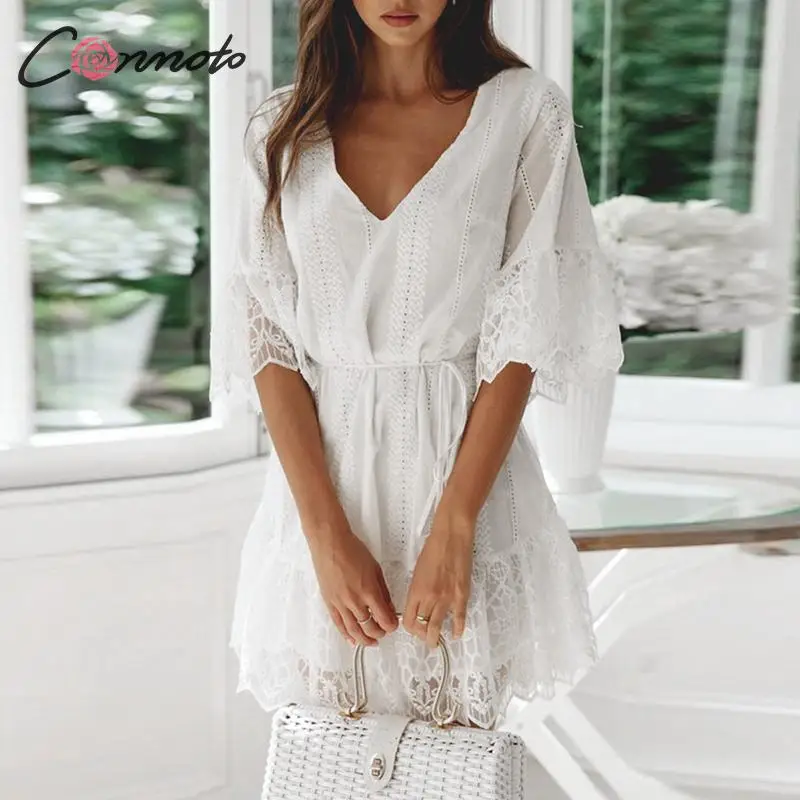 Conmoto Белое кружевное платье с вышивкой короткое сетка для вечеринок сексуальное