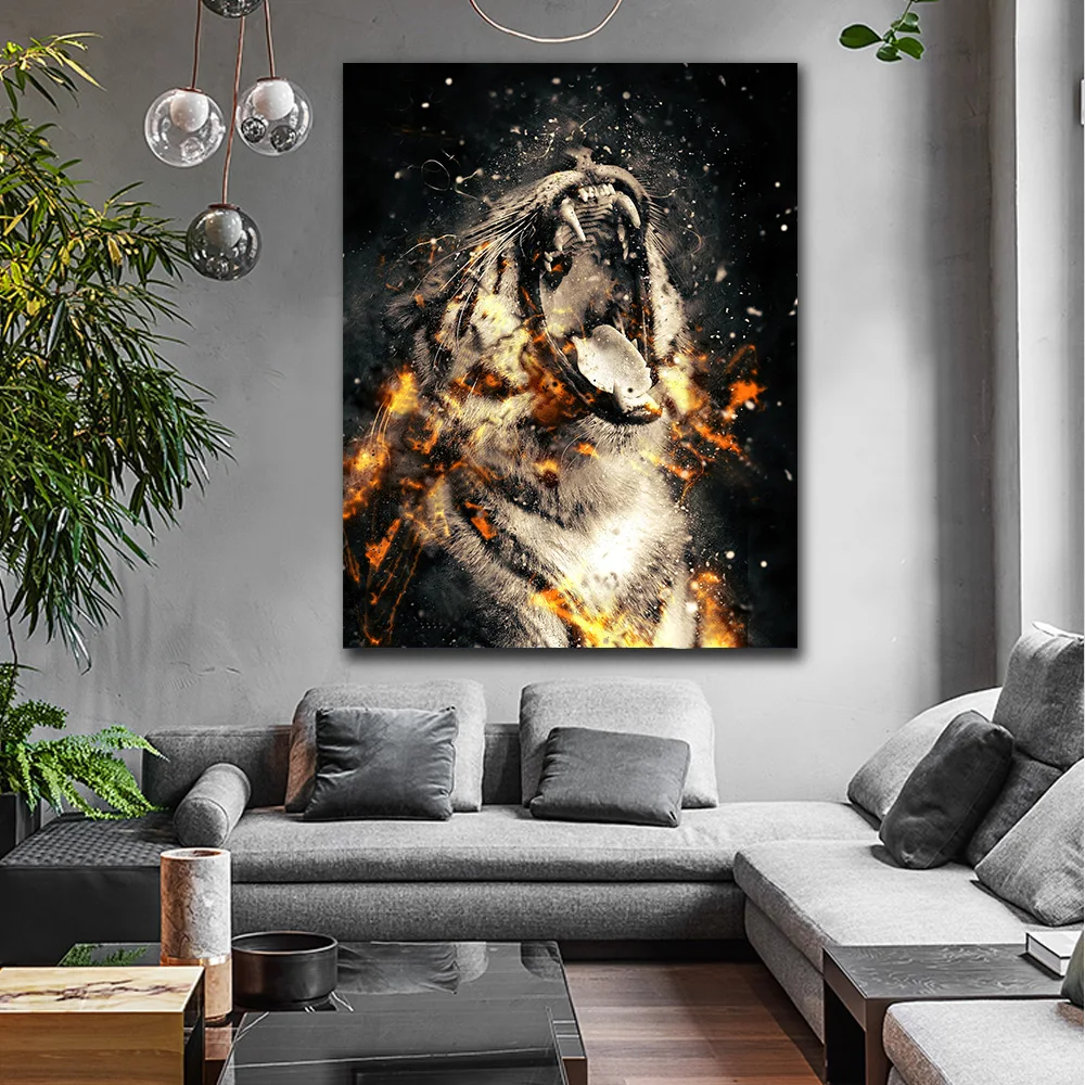 

Embelish Angry Tiger Portrait In Fire Wall Posters Animals HD Canvas Oil Paintings For Home Decor Living Room Framed Pictures