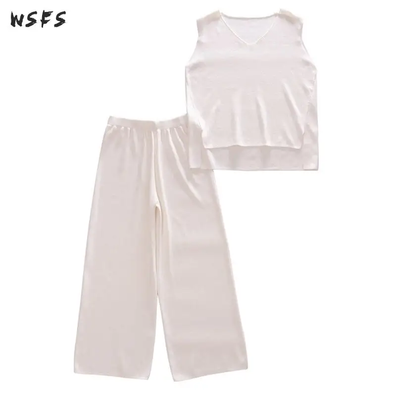 

2 Piece Set Summer Black Knitted Tank Sleeveless Top Womens White Suits Ladies Bodycon Casual Sexy Party Wide Leg Ninth Pants
