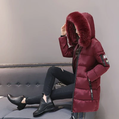 Dark red Плюс Размеры 3XL Для женщин Мужские парки тонкие длинные зимняя куртка Для женщин верхняя одежда толстые Abrigo Mujer меховой воротник капюшон пальто хлопка st175 - Цвет: Dark red