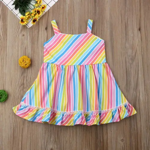 Новое платье в полоску без рукавов с радугой для маленьких девочек короткое
