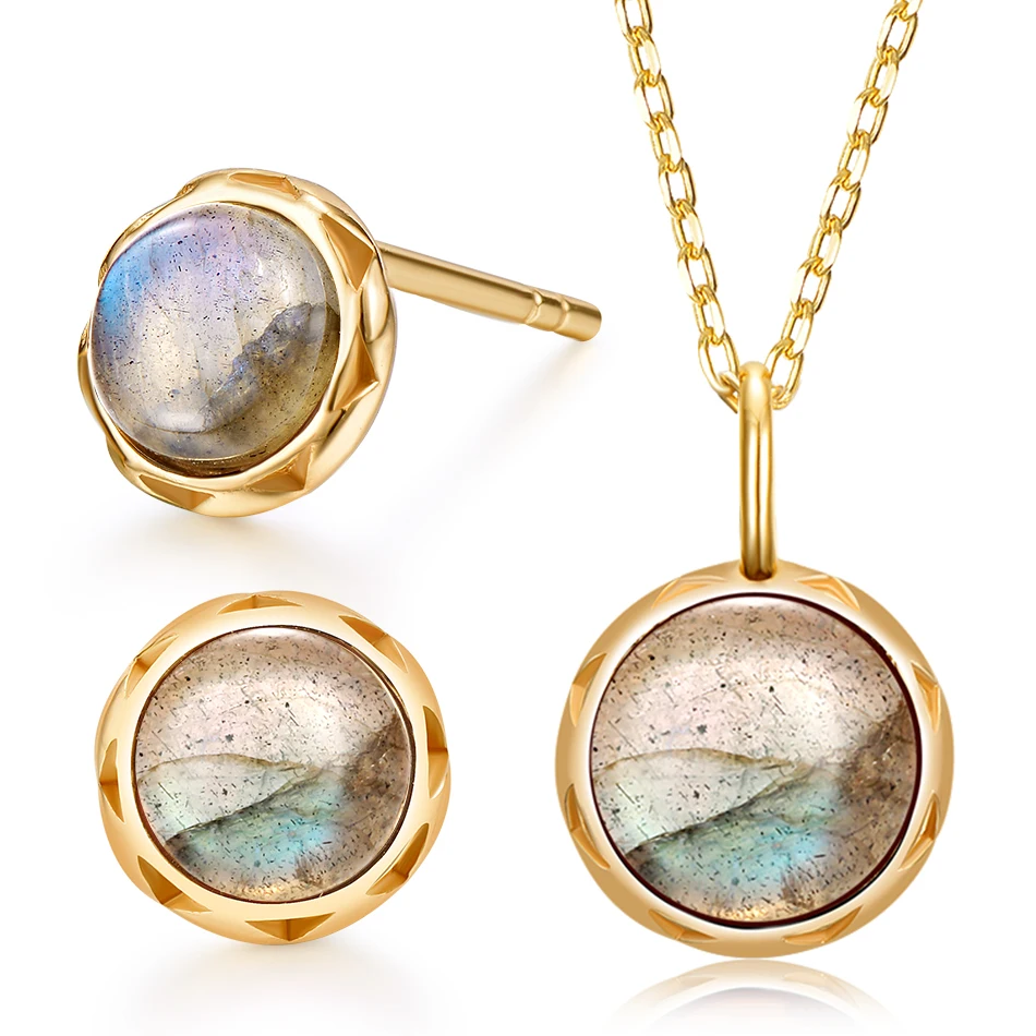 labradorite ALLNOEL ювелирный набор из Лабрадорита С драгоценным камнем для женщин, ожерелье, серьги из стерлингового серебра пробы, 925 Золото, свадебные, предотвращают аллергию - Цвет камня: labradorite