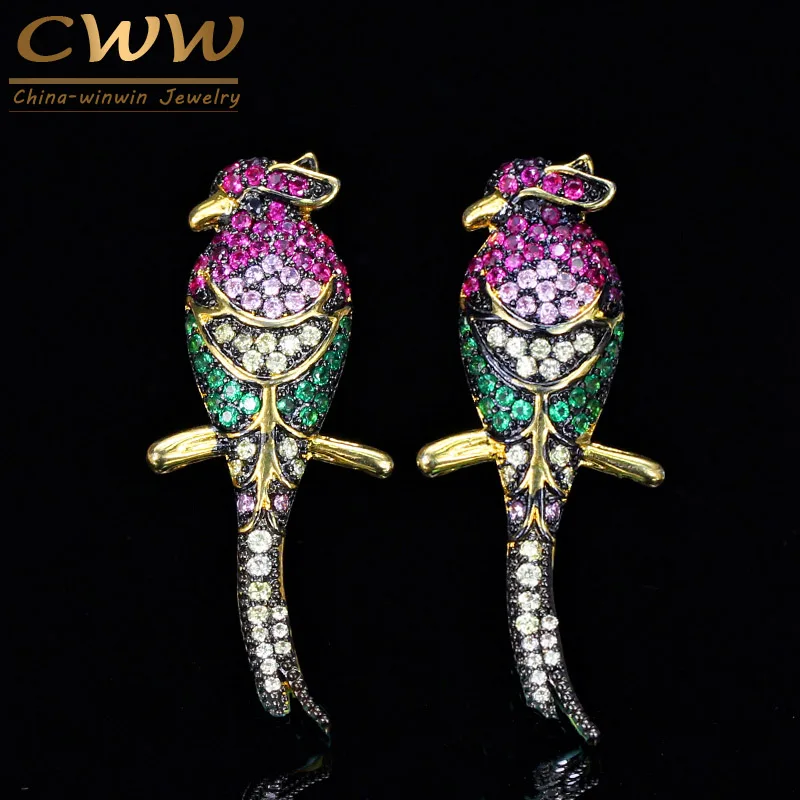 Женские серьги пусеты CWWZircons длинные с желтым золотом и кубическим