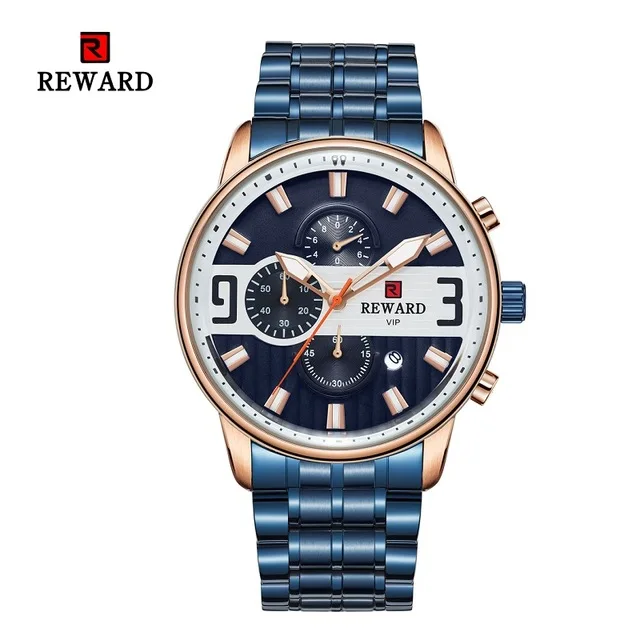 Rose Blue Роскошные серебряные часы из нержавеющей стали, мужские спортивные часы, брендовые Кварцевые водонепроницаемые наручные часы с хронографом, мужские часы - Цвет: Rose Blue