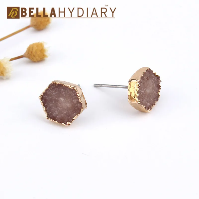 Мода Bijoux богемные женские склоны геометрические маленькие шестигранные серьги женские ювелирные изделия из друзы серьги-гвоздики с эпоксидной смолой серьги-гвоздики