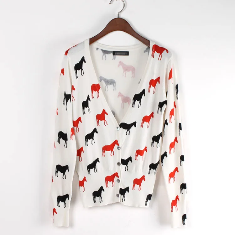 100pcs/lot 2015 new fshion Women Winter Clothing Lady's V Neck horse print Sweater cardigans/pashmina |