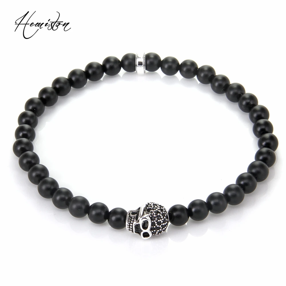 Эластичный браслет Thomas SKULL BEAD и матово черные бусины OBSIDIAN европейский стиль Rebel