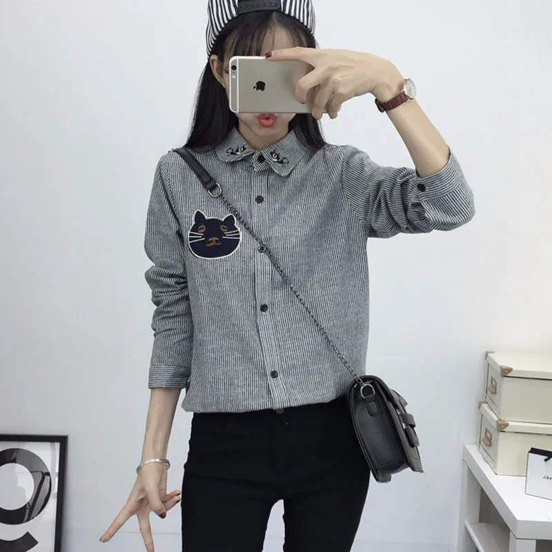 2016 Новая Коллекция Весна и Осень женская Рубашка Блузка Кот Вышивка С Длинным