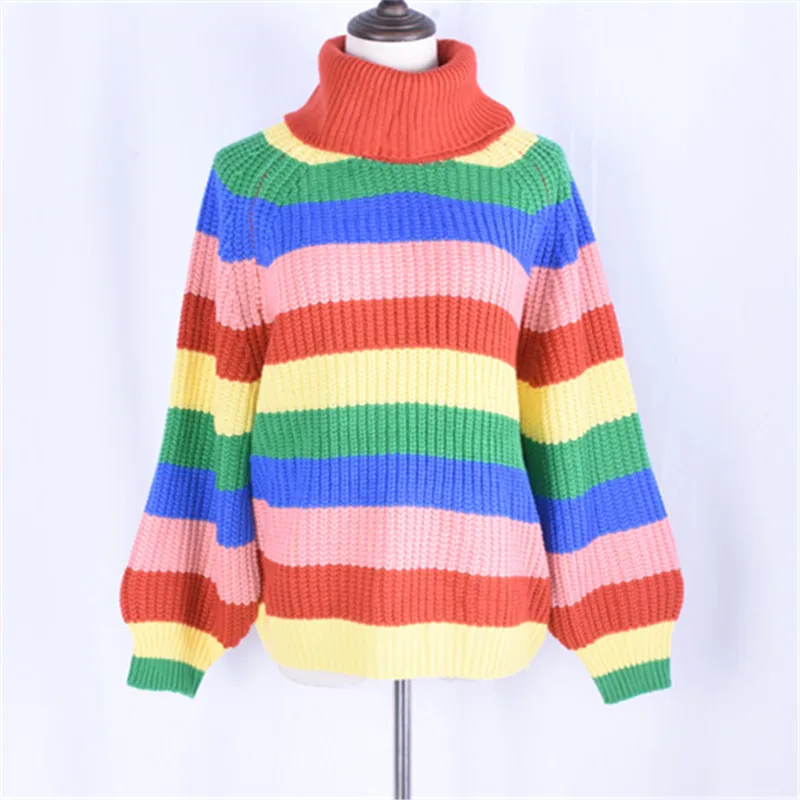 Casual Loose Autumn Winter Turtleneck Sweater Women Oversize Rainbow Striped Knitted Sweaters Warm Long Sleeve Pullover Sweater