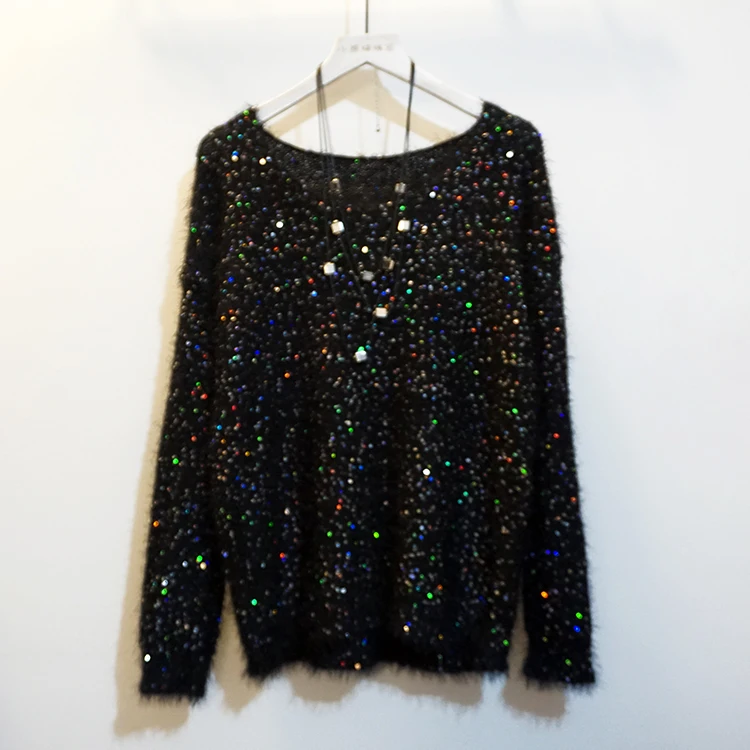 Cakucool Women Sequined Knit Tops Long Sleeve Jumpers Beading O-neck Casual Loose Embellish Sweaters Pullover Lady Black | Женская