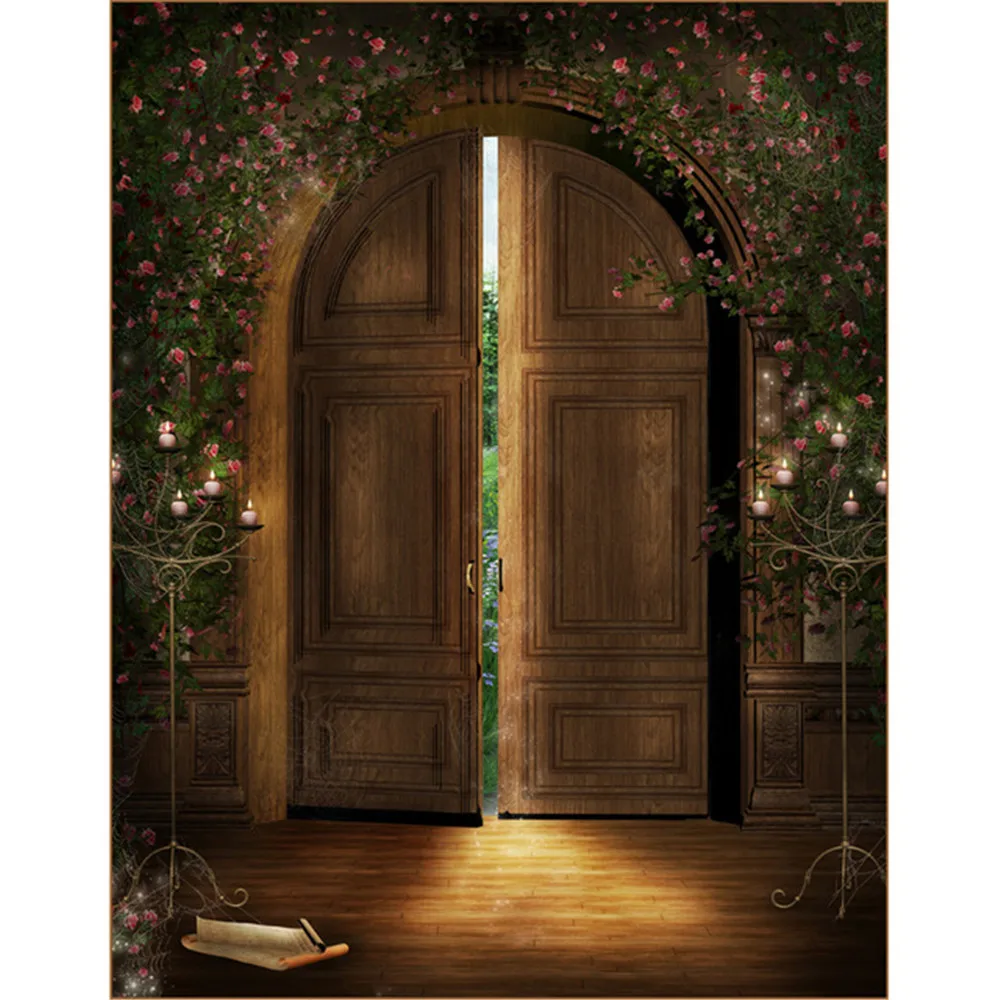 

Vintage Brown Arch Door Backgrounds for Photo Studio Pink Flowers Vines Candlelight Children Photography Backdrops Wooden Floor