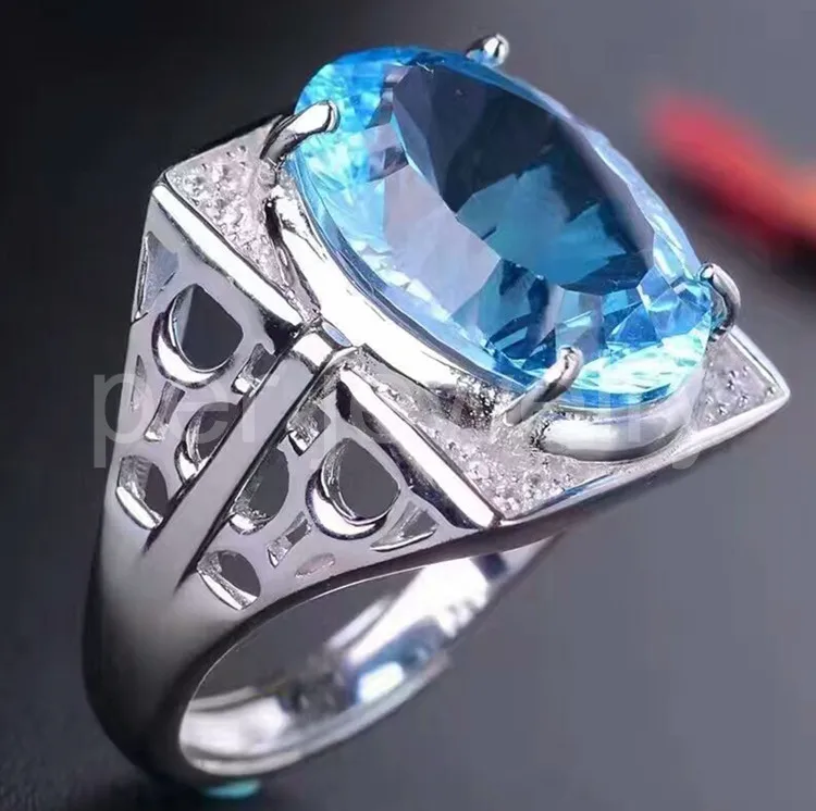 Мужское кольцо с натуральным голубым топазом 12*16 мм 14 карат|gem silver ring|gem ringsgem rings for
