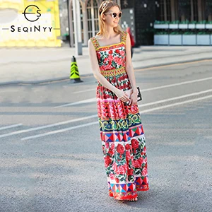 Красный SEQINYY модное женское платье новые летние высококачественные Бисероплетение красный принт цветочное ТРАПЕЦИЕВИДНОЕ элегантное праздничное длинное платье - Цвет: Красный