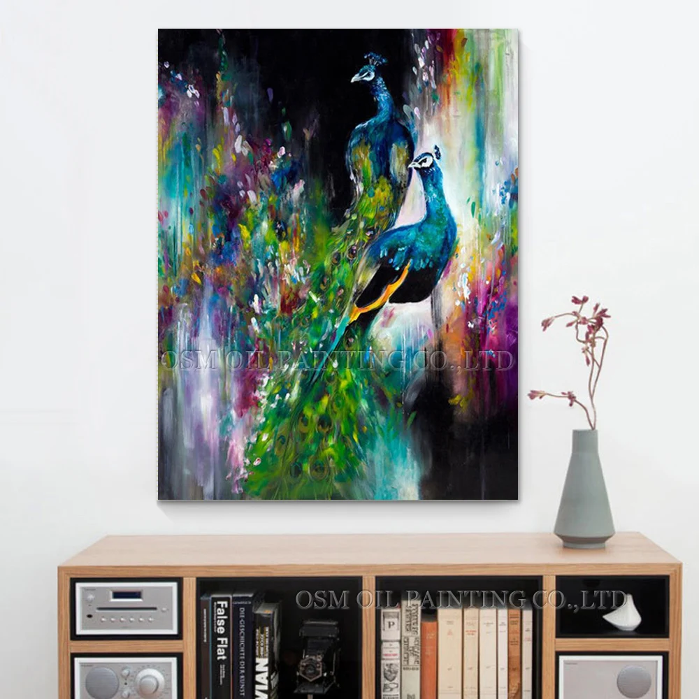Абстрактная живопись маслом на холсте с изображением павлина ручная работа