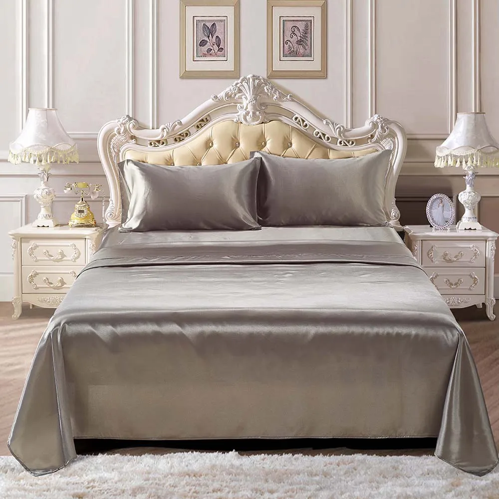 Satin Silk Bedding Set 3 Size Grey Black Solid Bed Linens 4pcs/set Bedclothes Pastoral Sheet Sets | Дом и сад