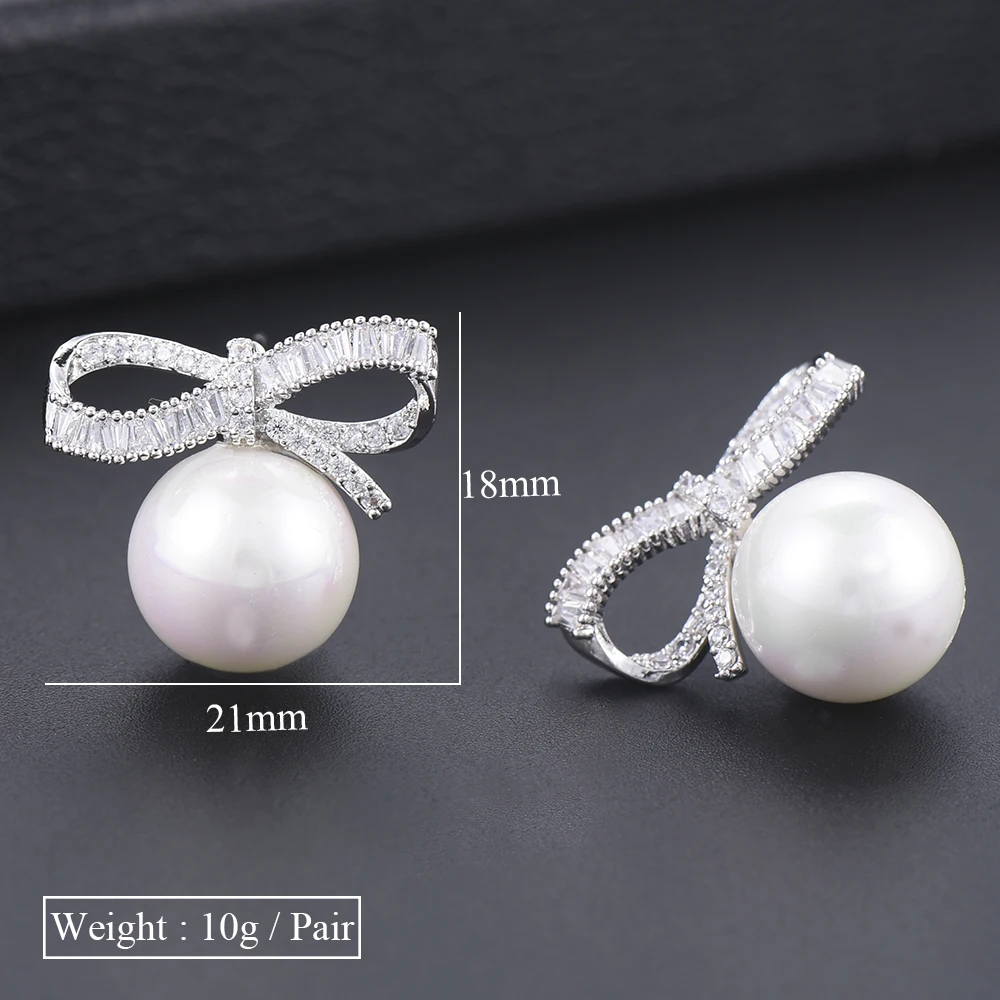 

SISCATHY Hot Women Stud Earrings Elegant Cubic Zirconia Bowknot Simulated Pearl Earrings For Bridal Wedding Jewelry Accessories