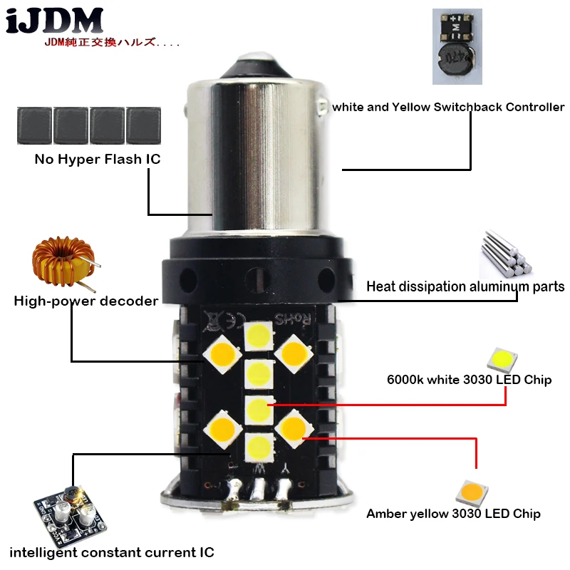 Без гипервспышки 7440 LED Canbus 1156 BAU15S 3156 T20 P21W белые/Янтарные светодиодные лампы для