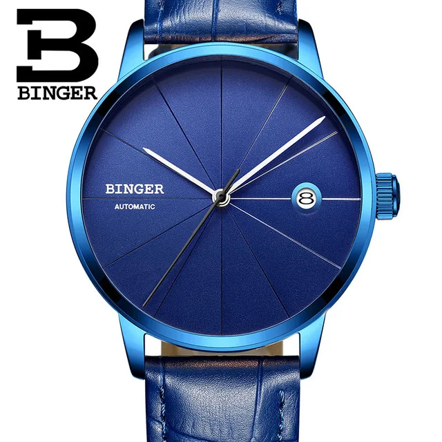 Leather Blue Blue Switzerland BINGER мужские часы Топ люксовый бренд Япония Seiko автоматическое механическое движение часы досуг бизнес синий horloges - Цвет: Leather Blue Blue