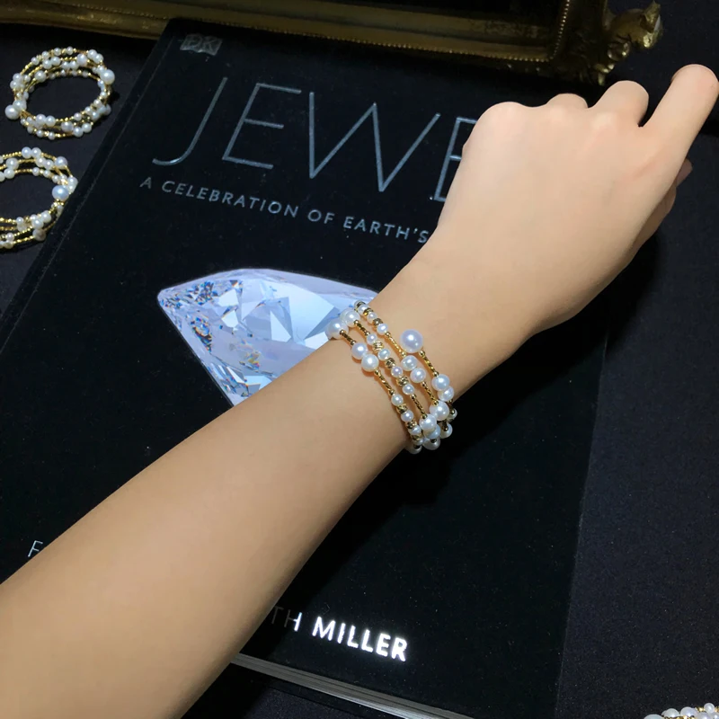 

ANI 14K Roll Yellow Gold Pearl Bracelet Round Shape Pearl Jewelry Fashion Natural Freshwater White Pearl Bracelet for Women Gift