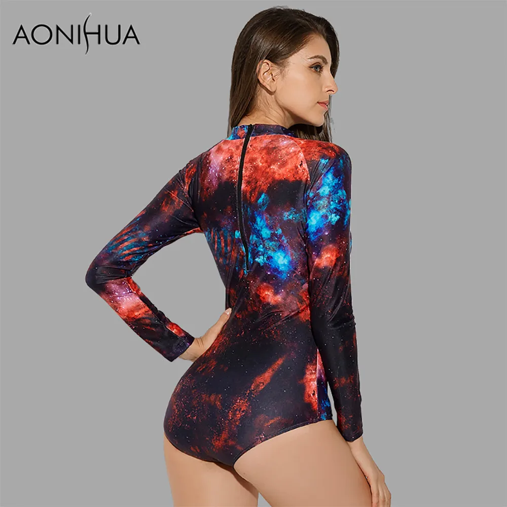 AONIHUA Cosmic Star Цельный купальник для женщин 2018 новый с длинным рукавом на молнии