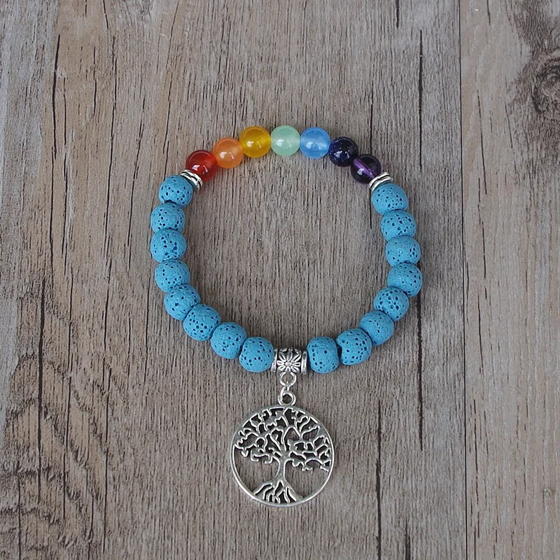 Life Tree 7 Чакра браслет 8 мм синие Бусины Из лавового камня Исцеление йогой рейки