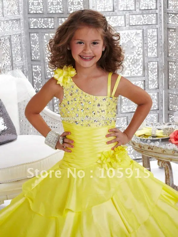 New Arrival Yellow Straps Sleeveless Floor-Length Hand-made Flower Artificial Stone Ball Gown Girl Dresses Organza HL-214 | Свадьбы и