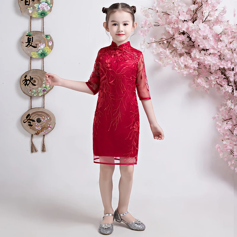 Qipao платье Ципао детские красные летние династии Тан традиционные китайские