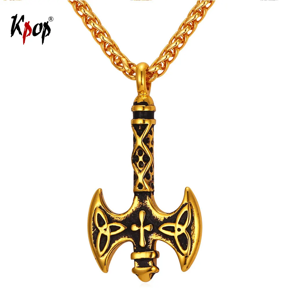 

Kpop Axe Necklace Viking Jewelry Stainless Steel Gold Color Axe Pendant Necklace for Men P2146