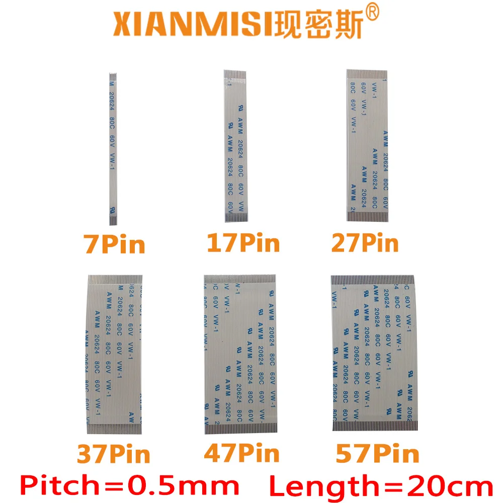 

FFC FPC плоский гибкий кабель 7Pin 17Pin 27Pin 37Pin 47Pin 57Pin с одной стороны 0,5 мм Шаг AWM VW-1 20624 20798 80C 60V Длина 20 см 5 шт.