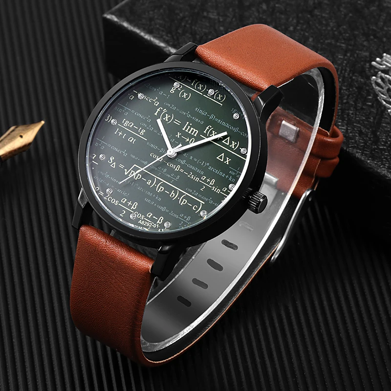 

2020 New Popular Watch Leather Quartz Man Watches Special Unique Designer Mathe Matical Formula Prints Fashion Men's Wristwatch