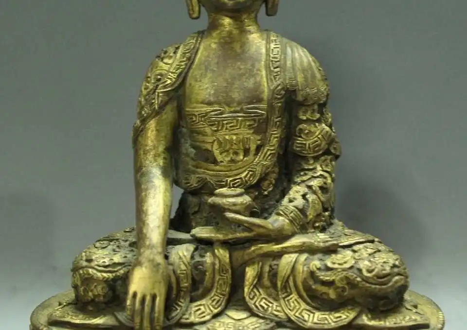 Tibet Bronze 24K Gold Dragon Shakyamuni Amitabha Buddha Sakyamuni Statue |