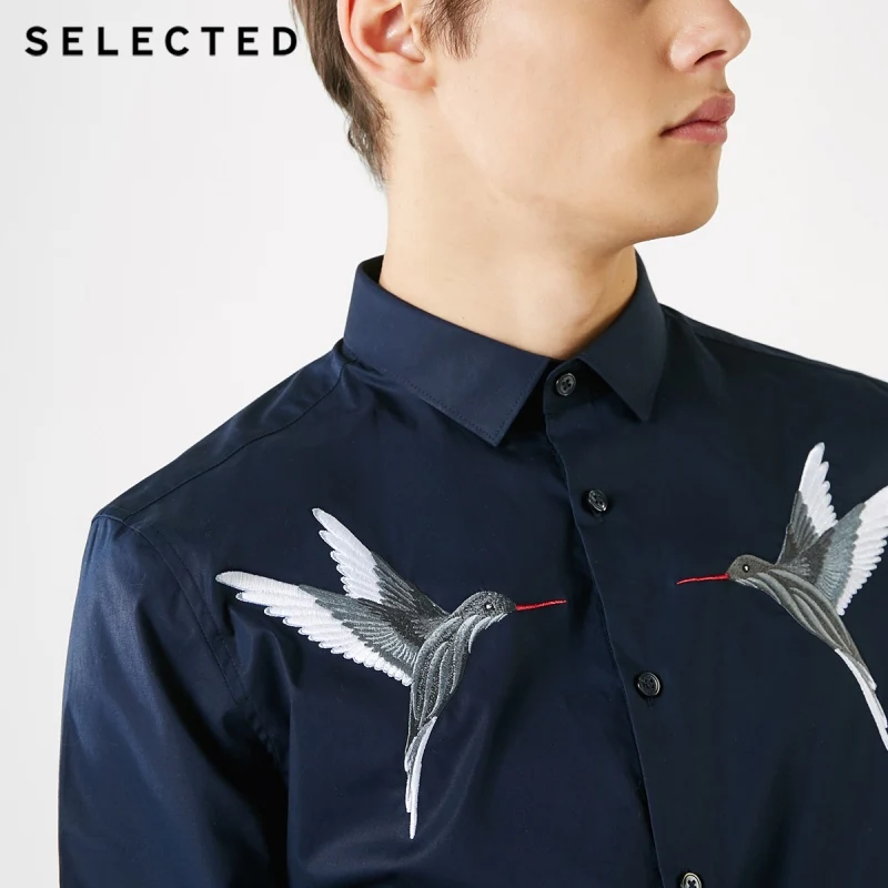 SELECTED Men's Hummingbird Embroidery Slim Fit Long sleeved Shirt S|419105521|Повседневные рубашки| |