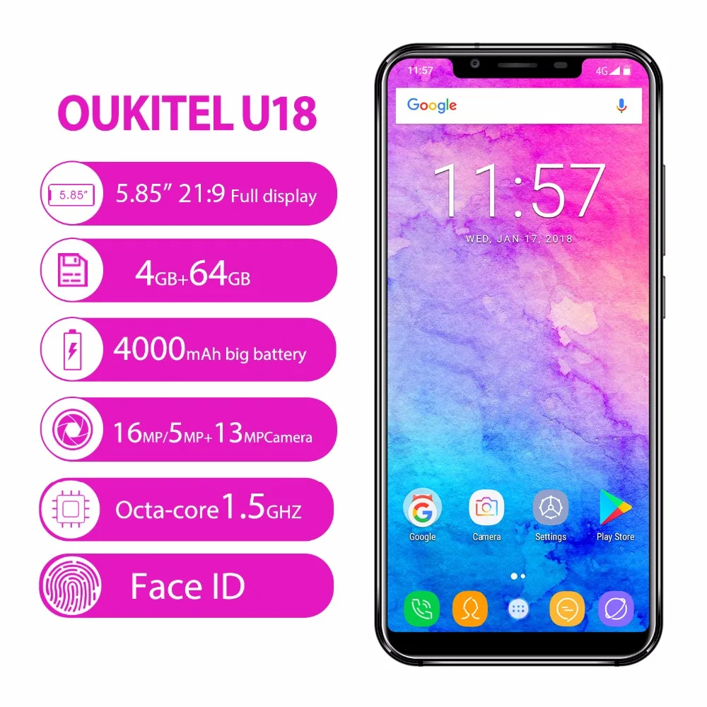 Оригинальный OUKITEL U18 4G мобильные телефоны Android 7 0 4 Гб + 64 ГБ восьмиядерный смартфон