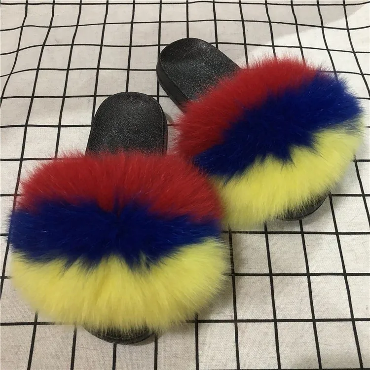 Шлепанцы из 100% натурального плюша с лисьим мехом женские летние шлепанцы милые