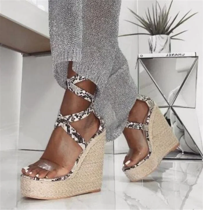 

Sexy Snake Print Strappy Wedge Heel Sandals Clear PVC Strap Weave Braid High Platform Wedge Shoes 2019 Summer Leisure Outside