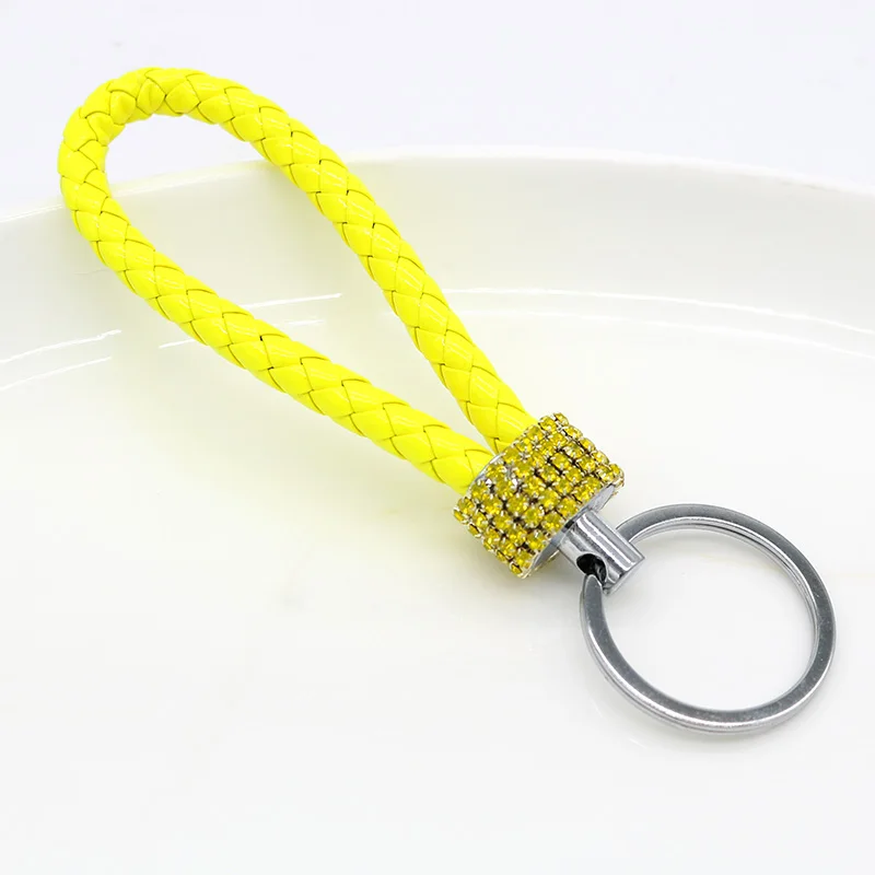 Творческий брелок из кожи с кристаллами Rhinestone, связанный в плетеную шнурок, женский брелок для сумки, металлические брелки для ключей, кольца для талии для мужчин, оптовая продажа.